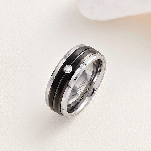 Men's 8mm Tungsten Brushed Black Silver Groove CZ Comfort-Fit Wedding Band